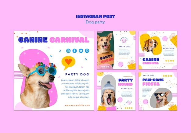 Gratis PSD instagram-posts voor hondenfeestjes in plat ontwerp