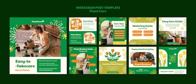 Gratis PSD instagram-posts voor plantenverzorging in plat ontwerp