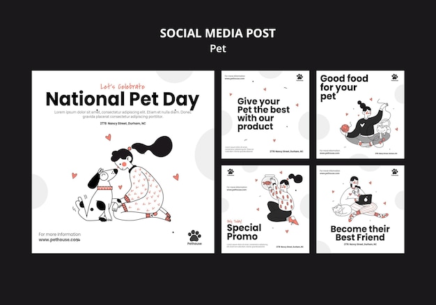 Gratis PSD instagram-postverzameling voor nationale huisdierendag met vrouwelijke eigenaar en huisdier