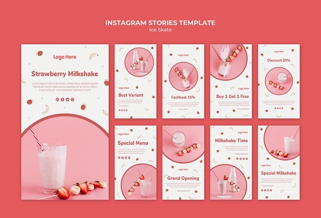 Gratis PSD instagram-verhalencollectie voor aardbeienmilkshake