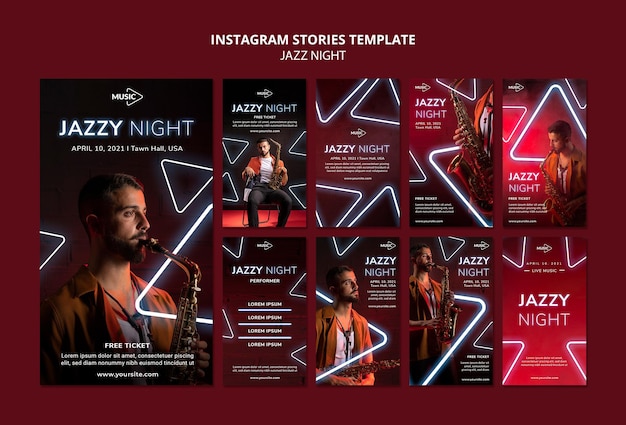 Instagram-verhalencollectie voor neon jazz-avondevenement