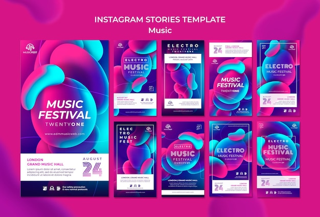 Gratis PSD instagram-verhalenverzameling voor electro-muziekfestival met neon vloeibare effectvormen