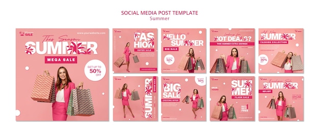 Gratis PSD instagram zomerverkoop berichten collectie met vrouw met boodschappentassen