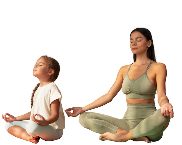 PSD gratuito instructora de yoga femenina haciendo meditación con niña