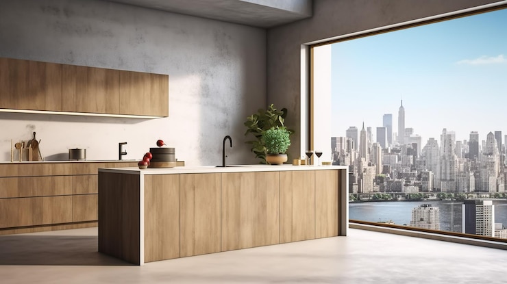 PSD Gratis interior dapur modern dari kayu dan beton generator ai