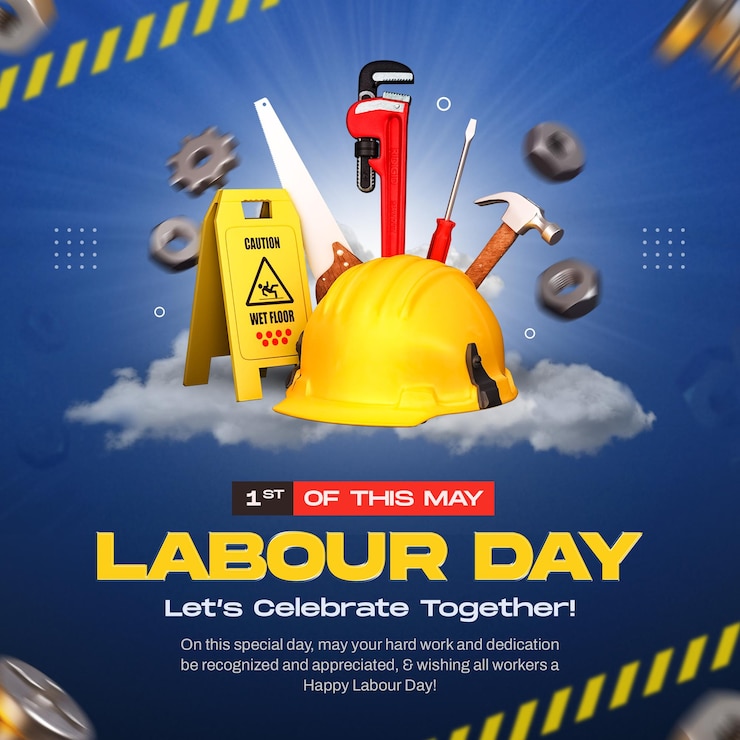 Gratis PSD internationale arbeidersdag met helm beveiliging en hulpmiddelen social media post template