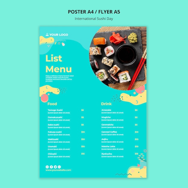 Gratis PSD internationale sushi dag menusjabloon