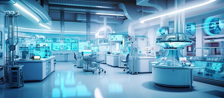 PSD gratuito interni moderni del laboratorio di scienze ia generativa