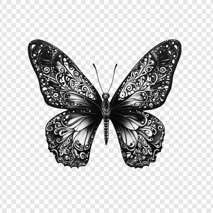 PSD gratuito la intrincada ilustración de la mariposa en blanco y negro