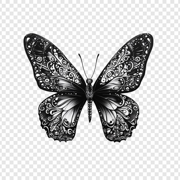 La intrincada ilustración de la mariposa en blanco y negro