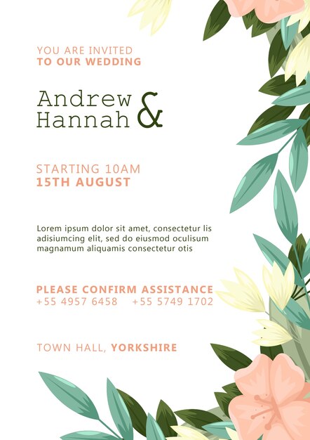 Invitación de boda blanca con flores pintadas de rosa
