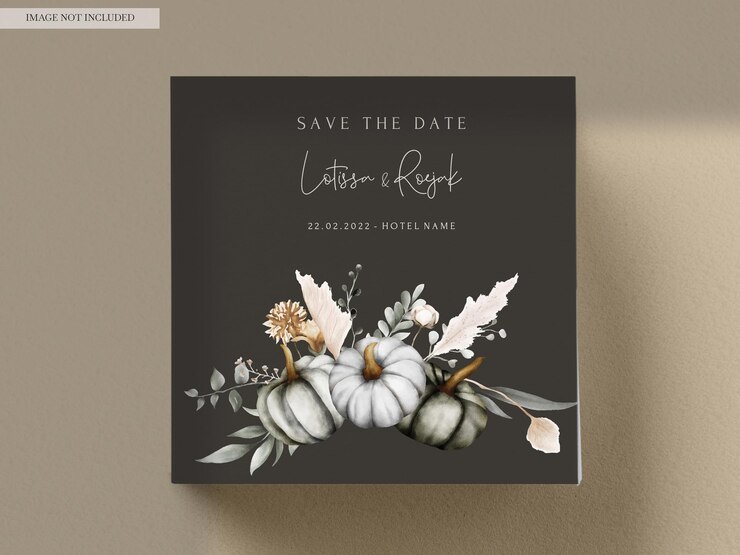 PSD gratuito invitación de boda de época con hermosas flores y calabazas