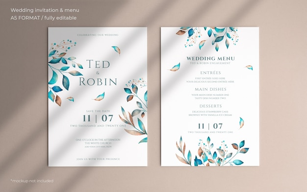 PSD gratuito invitación de boda floral y plantilla de menú