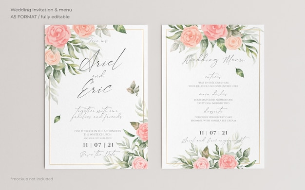 PSD gratuito invitación de boda floral y plantilla de menú