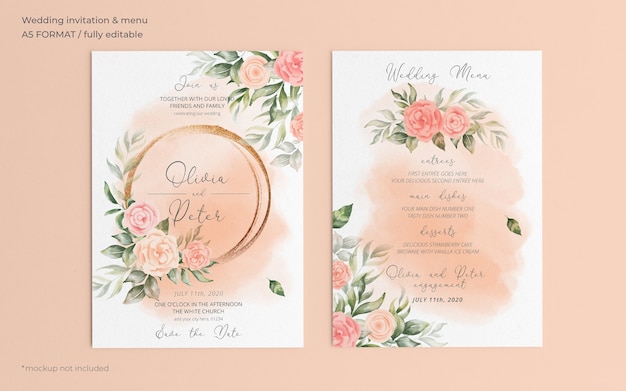 PSD gratuito invitación de boda floral y plantilla de menú