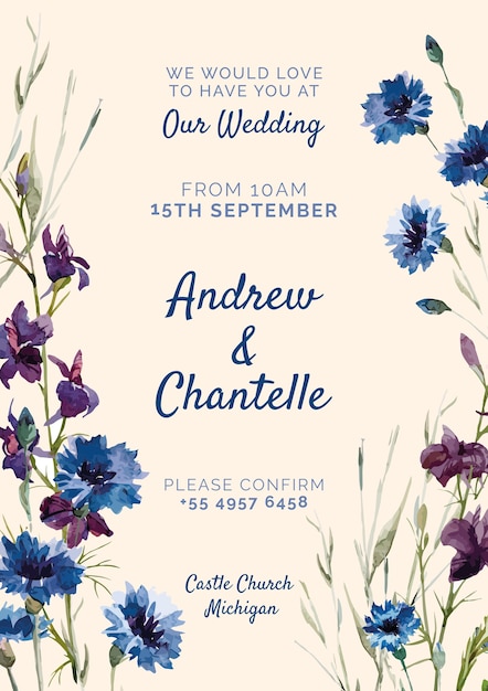 PSD gratuito invitación de boda con flores azules y moradas