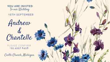 PSD gratuito invitación de boda con flores pintadas de morado y azul