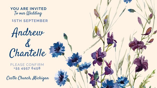 Invitación de boda con flores pintadas de morado y azul