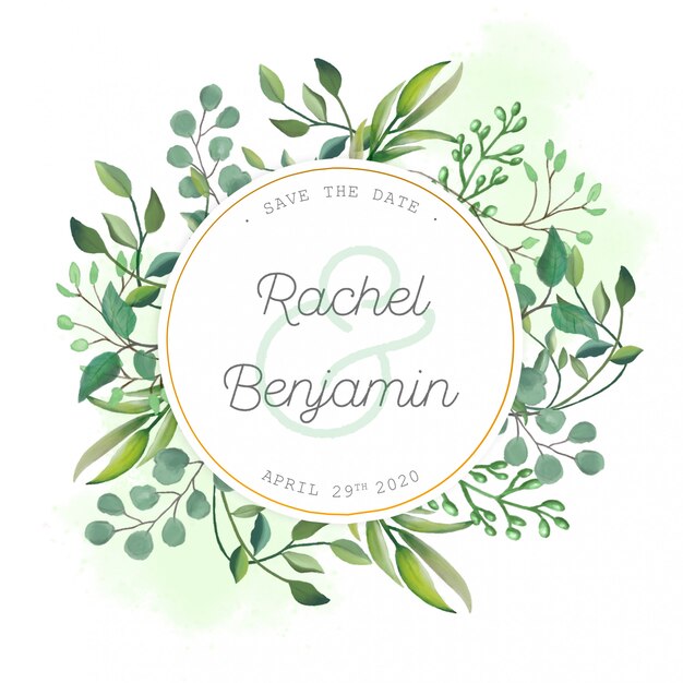 Invitación de boda con hojas de acuarela