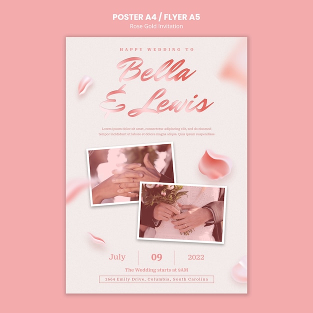 PSD gratuito invitación de boda de oro rosa y plantilla de póster con pétalos
