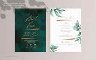 PSD gratuito invitación de boda y plantilla de menú con hermosas hojas