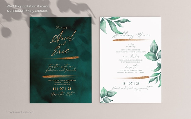 Invitación de boda y plantilla de menú con hermosas hojas