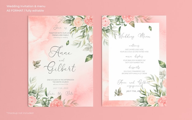 Invitación de boda romántica en acuarela y plantilla de menú