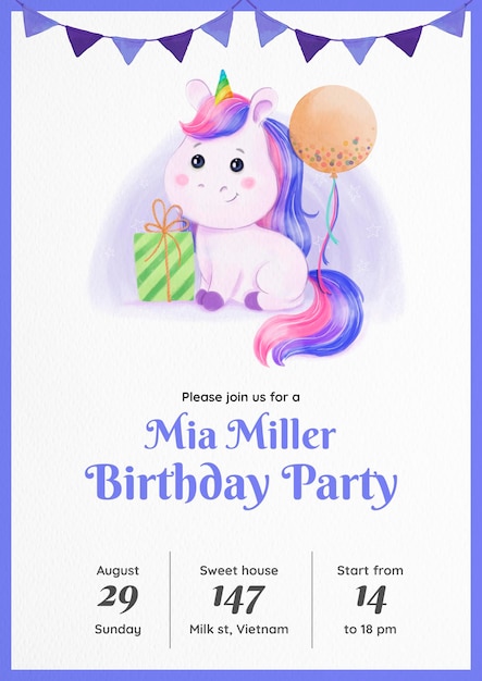 Invitación de cumpleaños de unicornio acuarela