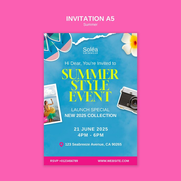 PSD gratuito invitación a un evento de estilo verano para el lanzamiento de trajes de baño