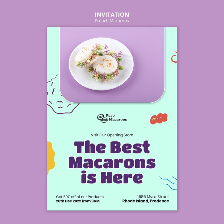 PSD gratuito invitación de macarons franceses de diseño plano