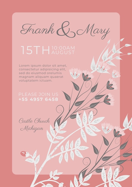 Invitación rosa con flores ornamentales blancas