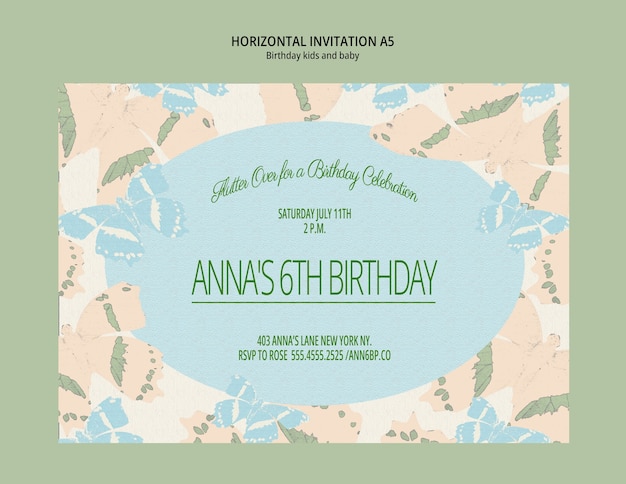 Invitación para el sexto cumpleaños de Anna con mariposas.