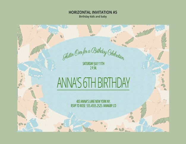 Invitación para el sexto cumpleaños de Anna con mariposas.