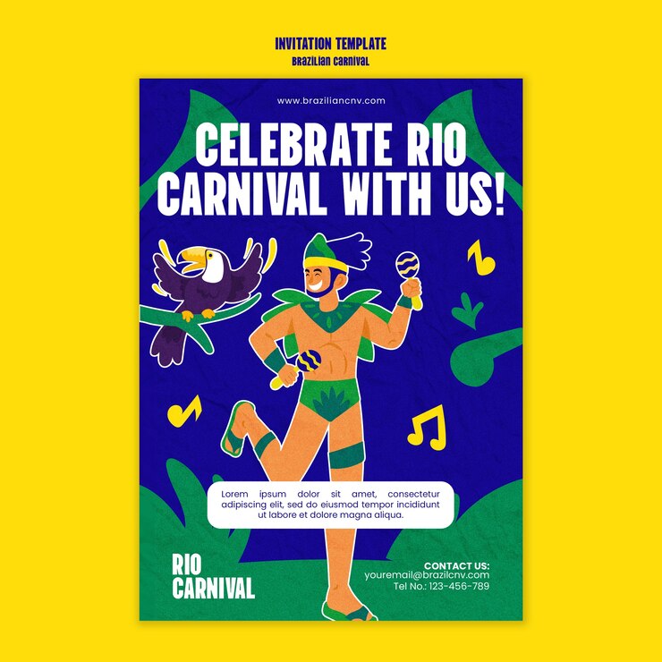 PSD gratuito invito alla celebrazione del carnevale a disegno piatto