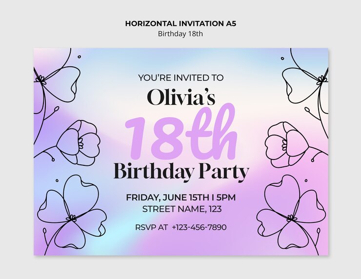 PSD gratuito invito alla festa del diciottesimo compleanno di olivia: disegno floreale