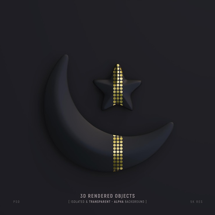 PSD Gratis islamic cute crescent moon and star isolated 3d rendering dark scene