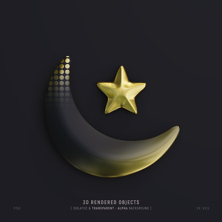 PSD Gratis islamic cute crescent moon and star isolated 3d rendering dark scene