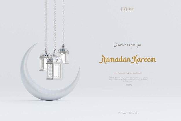 Gratis PSD islamitische ramadan groet achtergrond samenstelling met hangende arabische lantaarns en halve maan