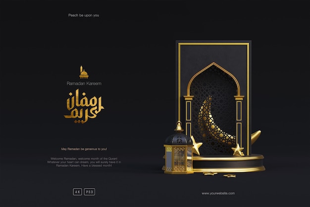 Gratis PSD islamitische ramadan kareem groet achtergrond met 3d gouden moskee lantaarn podium en halve maan ornamenten