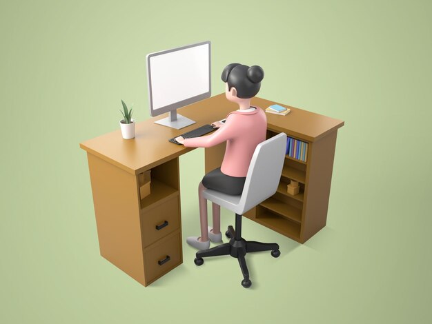 Isomático, mujer joven que trabaja en la computadora de escritorio en la mesa, personaje de dibujos animados, ilustración 3D