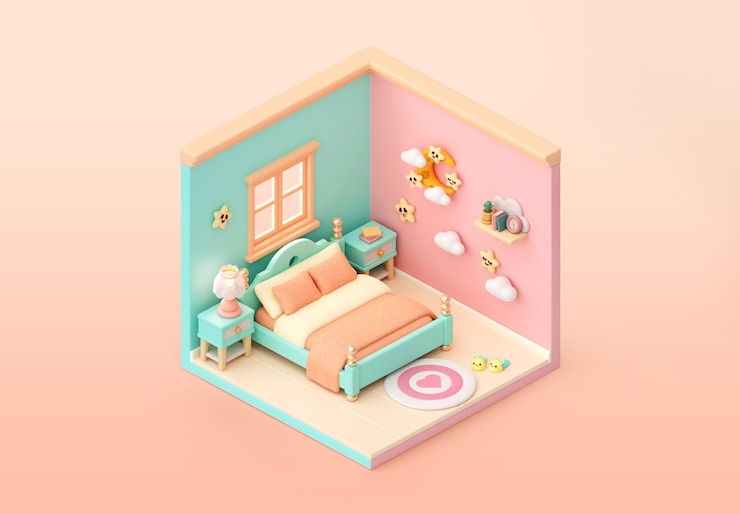 Gratis PSD isometrische illustratie van de slaapkamer