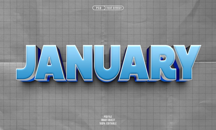 PSD Gratis januari efek teks 3d yang dapat diedit