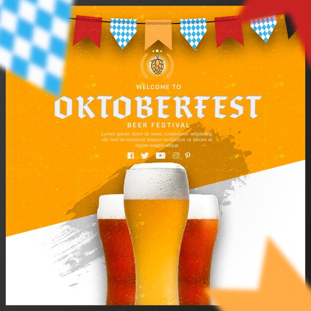 Jarras de cerveza Oktoberfest con banderas de guirnaldas