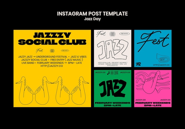 Gratis PSD jazz dag viering instagram posts.