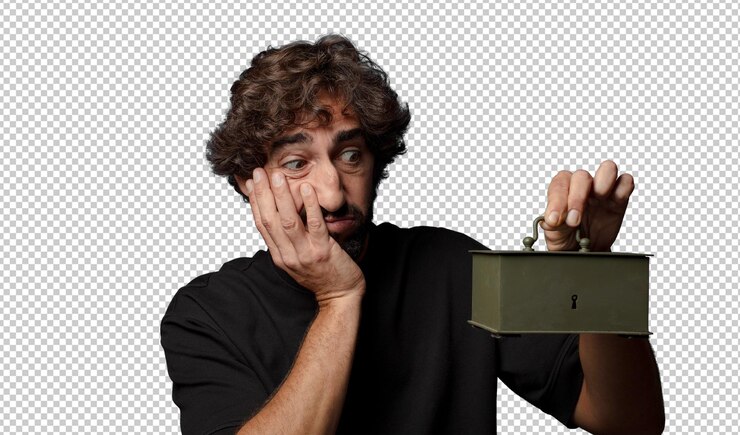 Gratis PSD jonge baarde gekke man met een spaarkist