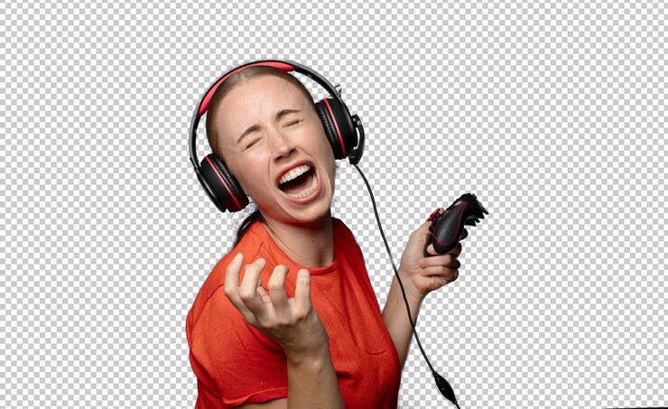 Gratis PSD jonge blonde vrouw gamer concept
