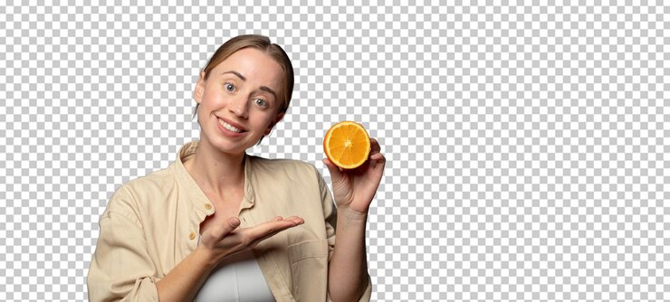 Gratis PSD jonge volwassen blonde vrouw met een sinaasappel