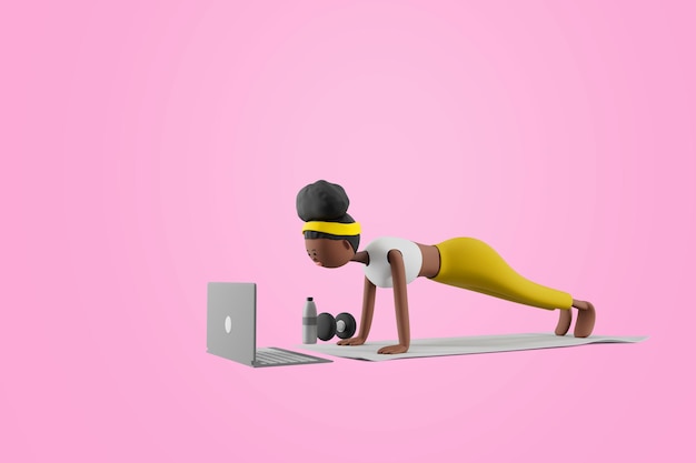 Gratis PSD jonge vrouw doet oefening stijl yoga op rubberen mat met het kijken naar online tutorials op laptop sport yoga en fitness concept 3d illustratie stripfiguren