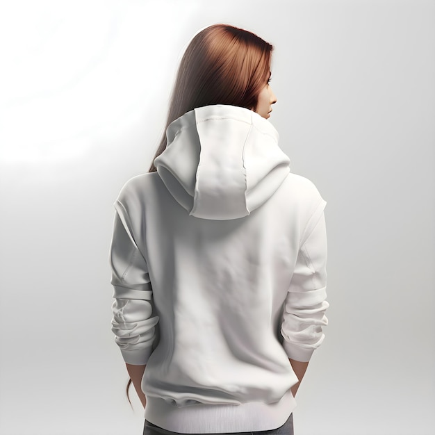 Gratis PSD jonge vrouw in een witte hoodie op een grijze achtergrond