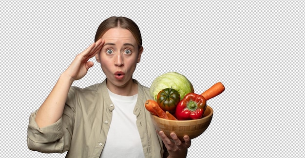 joven adulta rubia con verduras concepto de cucaracha concepto de croissant